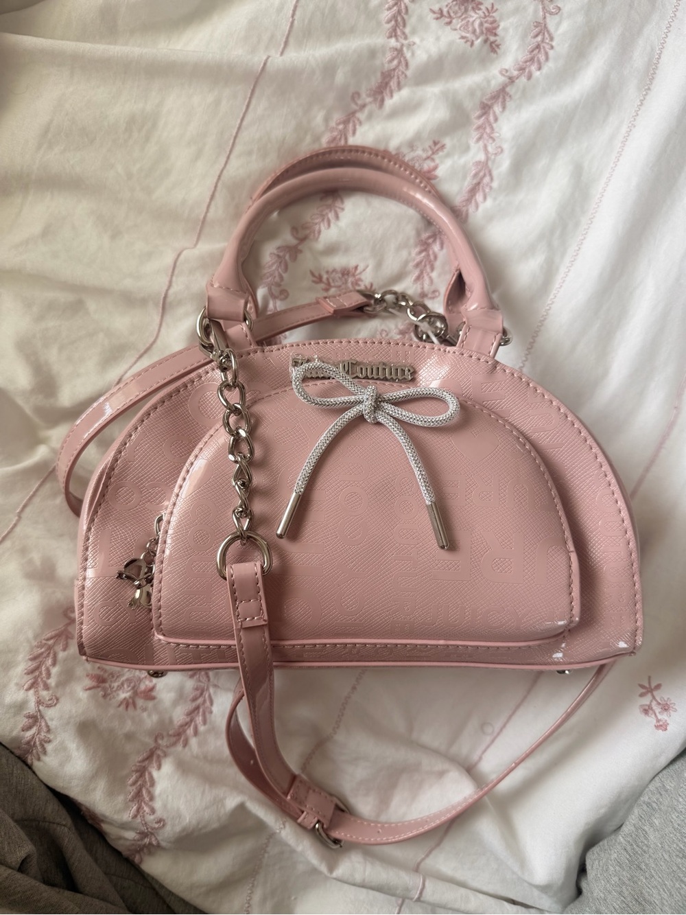 Juicy Couture Pink Patent Dome Satchel with Bow and Chain Strap